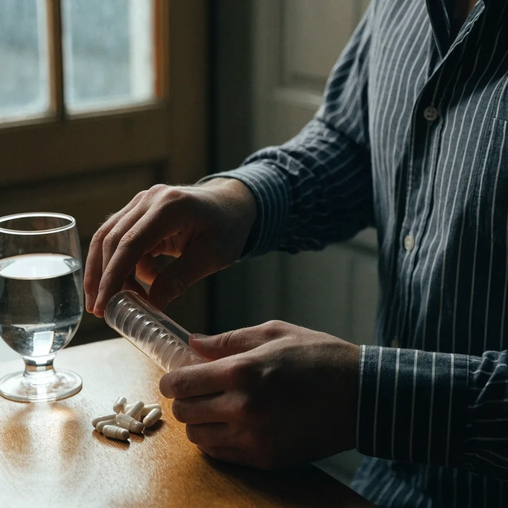 A man at a table comparing a printed listing beside a capsule strip and a glass of water