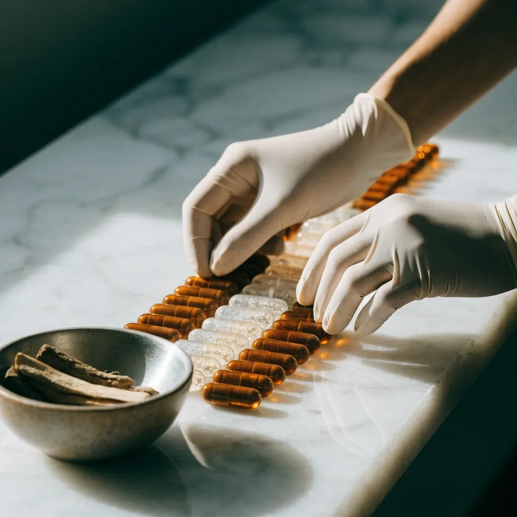 Hands arranging capsules in a row on an ice-white bench under a single warm side light