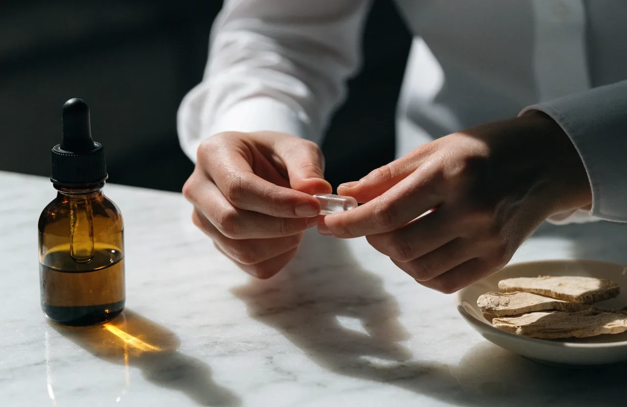 Wide view of a bench with a capsule strip, amber bottle, and blank notebook under a side light