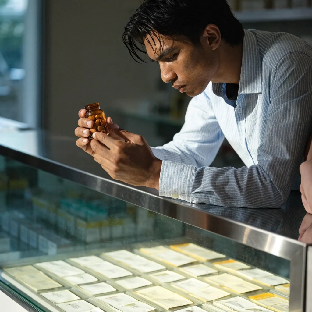 A pharmacy counter with supplement bottles and unbranded packs under a glass display case
