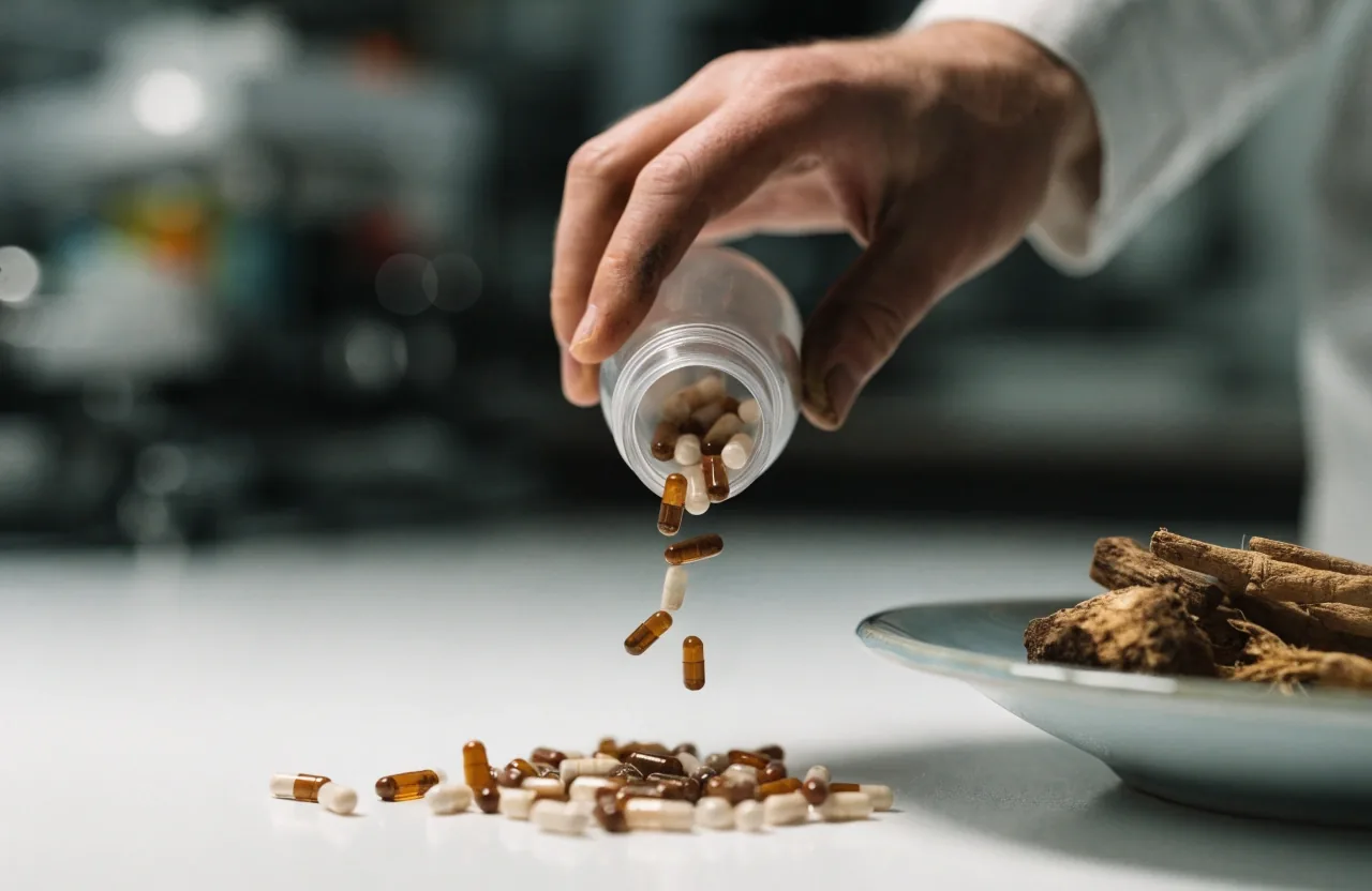 A hand tipping capsules onto a counter beside a dish of dried botanical root for a multivitamin versus herbal comparison