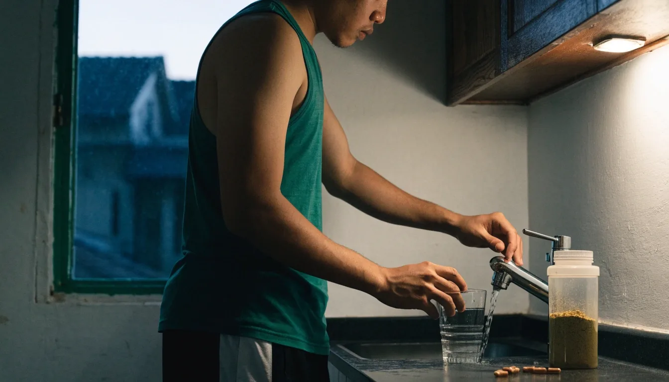 A man in athletic wear holding a glass of water at a morning windowsill, the everyday setting behind fitness nutrition habits