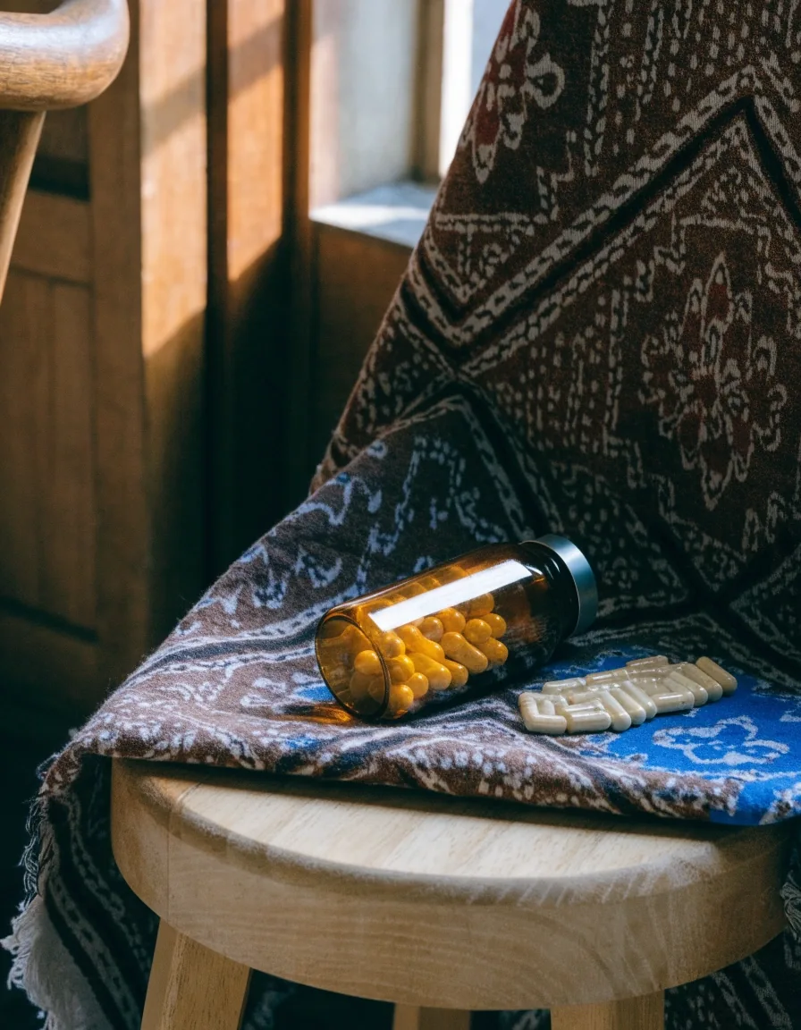 A closed laptop on an ice-white bench beside an amber supplement bottle and a strip of capsules