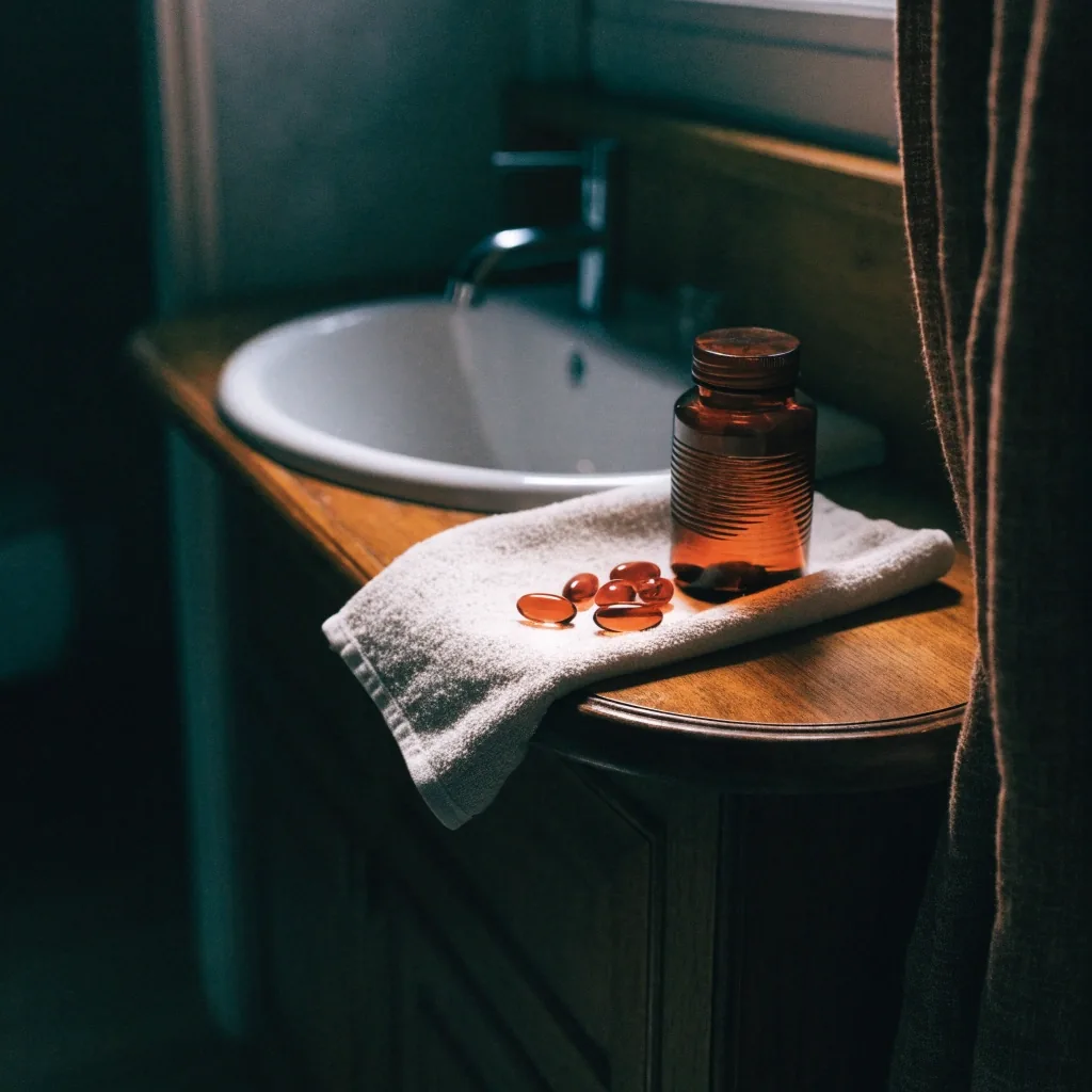 Amber supplement bottle and a folded blank notice on an ice-white bench under a single warm side light