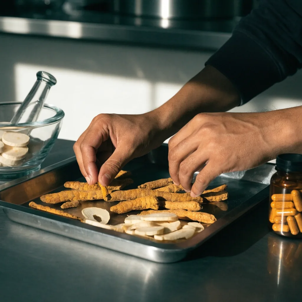 Capsule strip, a dish of turmeric powder, and an amber supplement vessel on an ice-white bench under a single warm side light