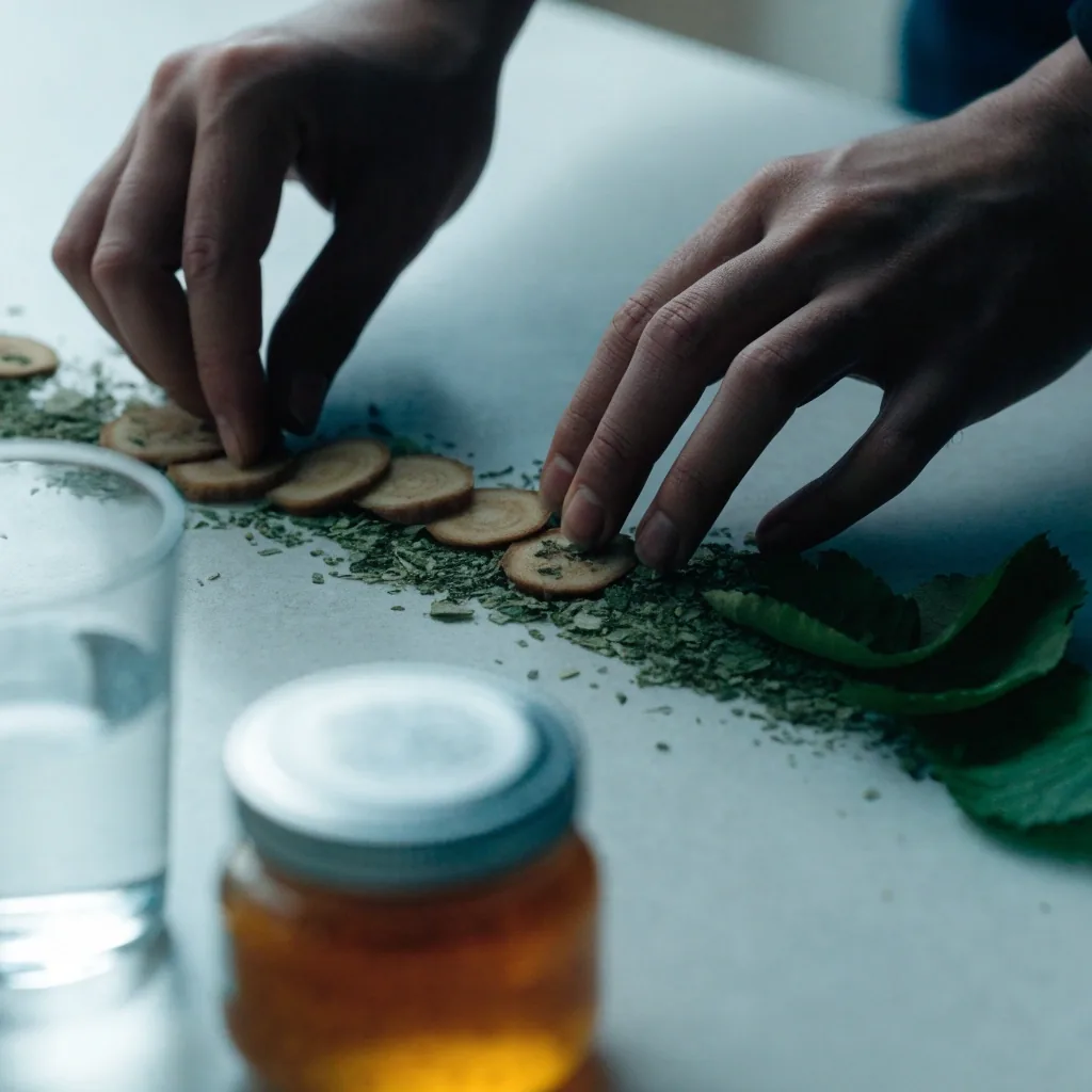 Hands arranging root slices and dried herbs into a row on a cool pale counter beside a glass of water