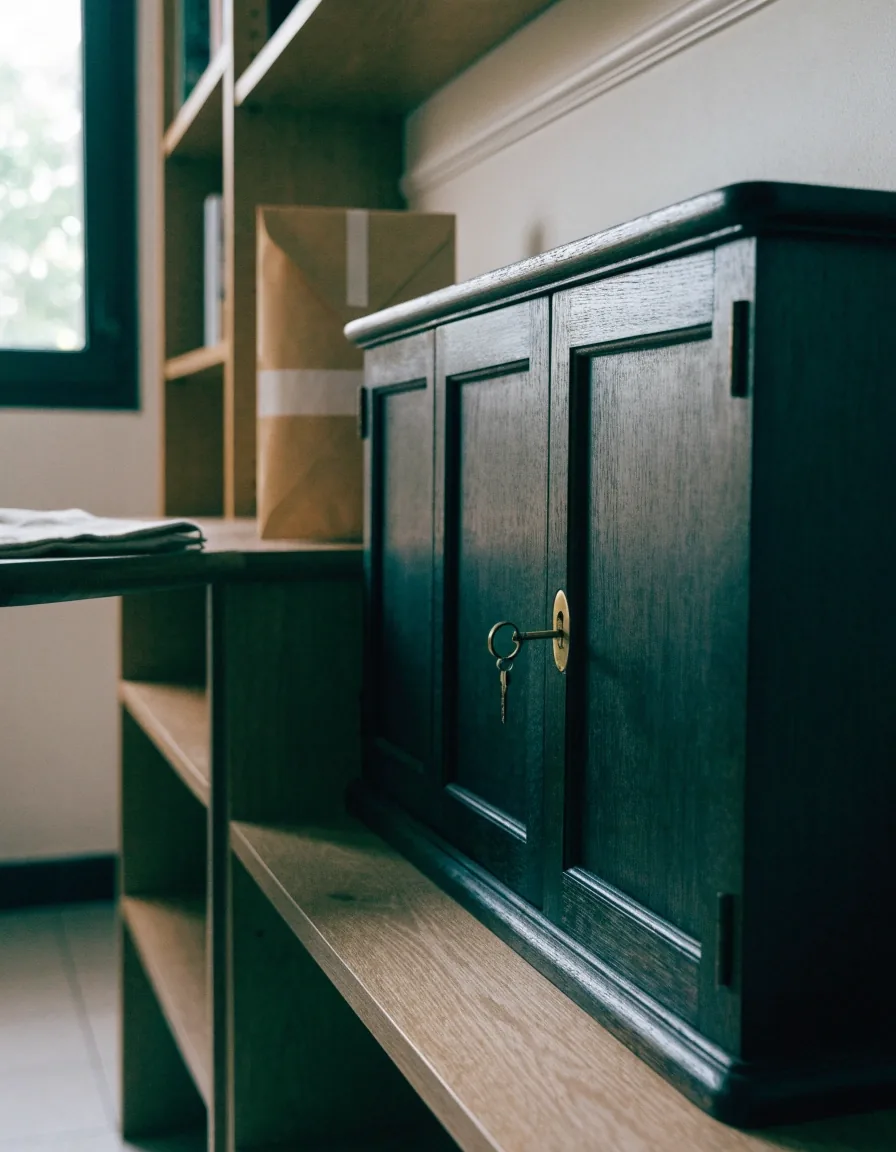 Closed blank folder and file drawer on a matte grey office surface in cold window light