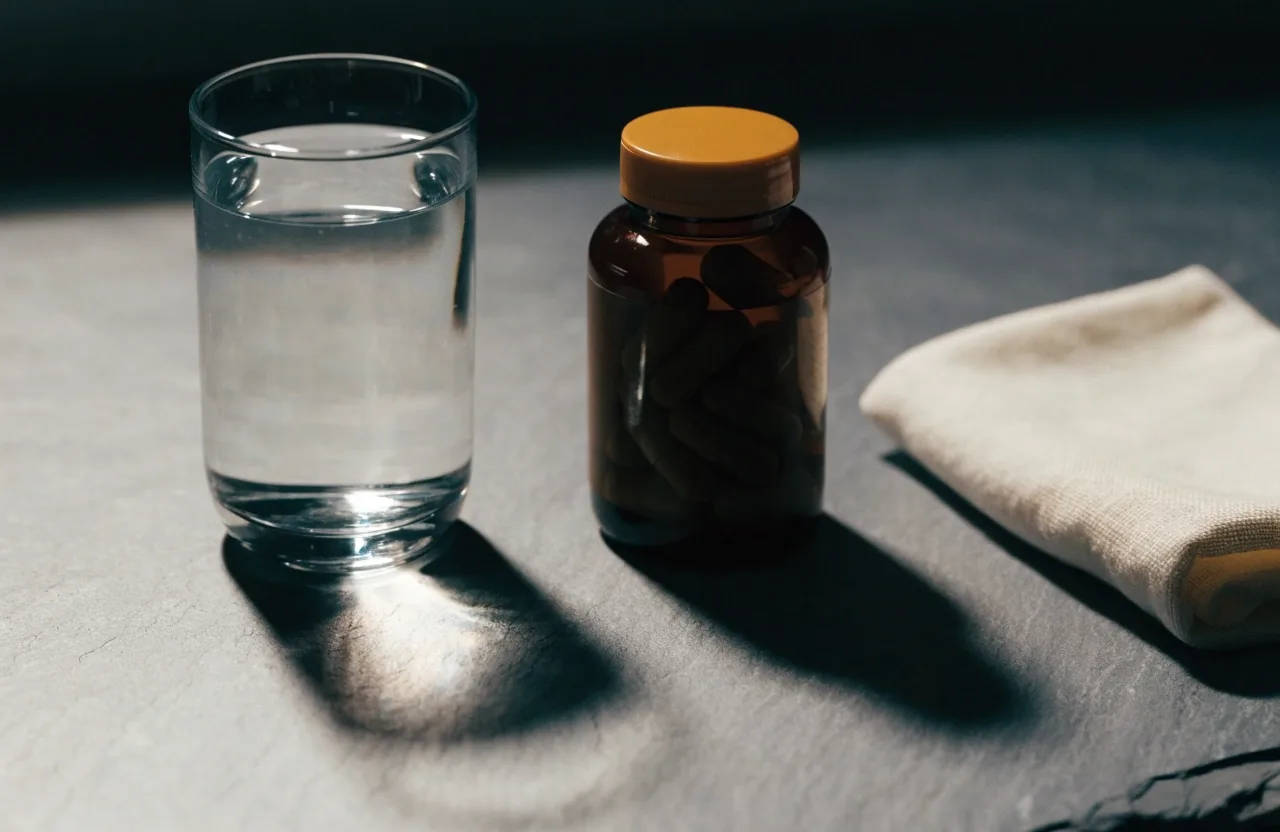 A plain amber supplement bottle, a glass of water and a folded blank sheet on a cold work surface under a single warm side light